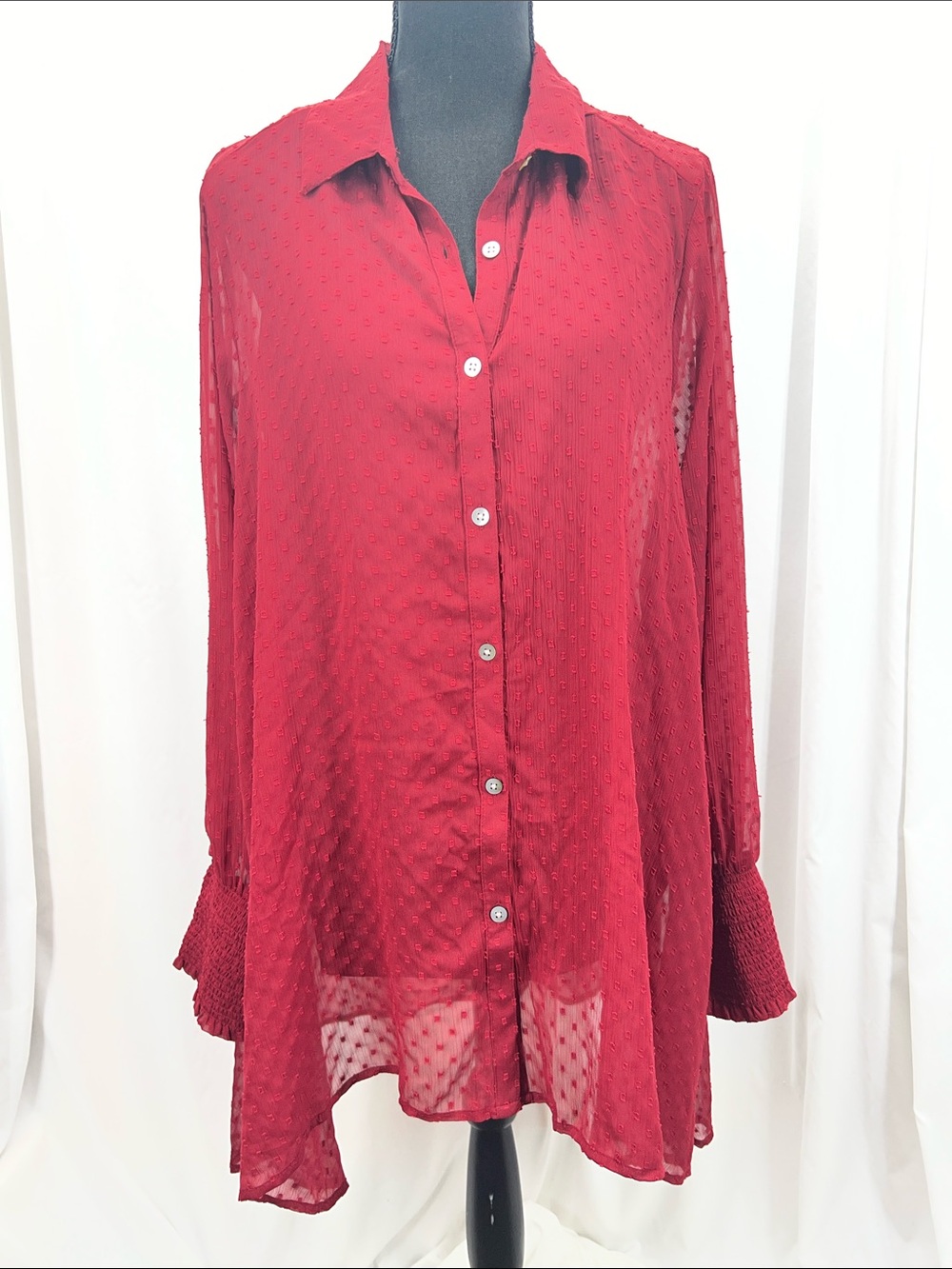 NWT Women's Size 1X Red Sheer Button-Down 2 Piece Blouse Flowing Feminine Boho